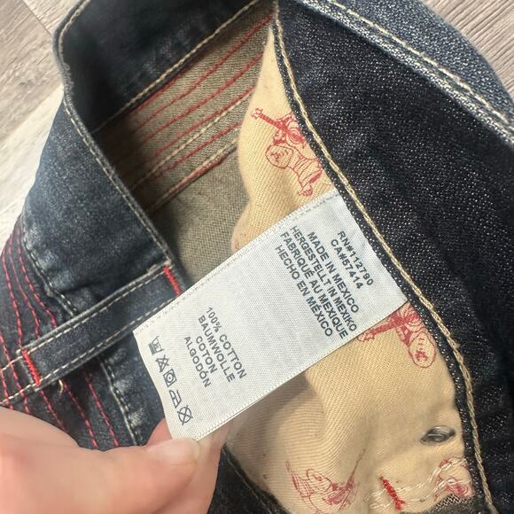 True Religion Dark Faded‎ Blue Mens 38 Distressed Straight Jeans Cybergrunge Y2K - Picture 5 of 12